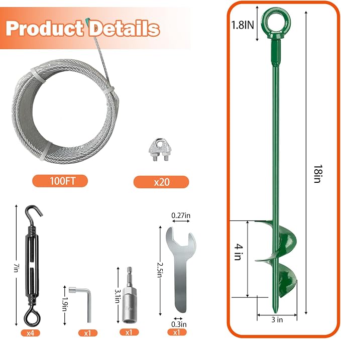 8 Pack 18" Spiral Ground Anchors Kit, Fully Welded Earth Anchors with 100 FT 1/8" Galvanized Cable, 8 Turnbuckles, Wire Rope Clips & Drill Adapter, Tie Down Kit for Shed Trampoline (Green)