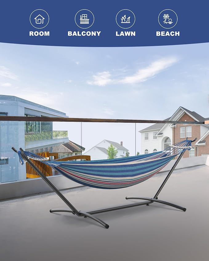 EveryFun Double Hammock with Heavy-Duty Steel Stand,Portable,Easy Assembly,600lbs Weight Capacity,Suit for Indoor,Yard,Camping,or Outdoor-Fine Blue