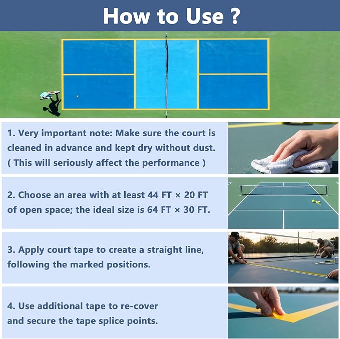 Pickleball Court Tape - 2" x 262 ft Professional Pickleball Marking Kit Yellow Tape for Temporary Court Lines with No Residue Durable Floor Marking Tape for Gym, Driveway, Backyard