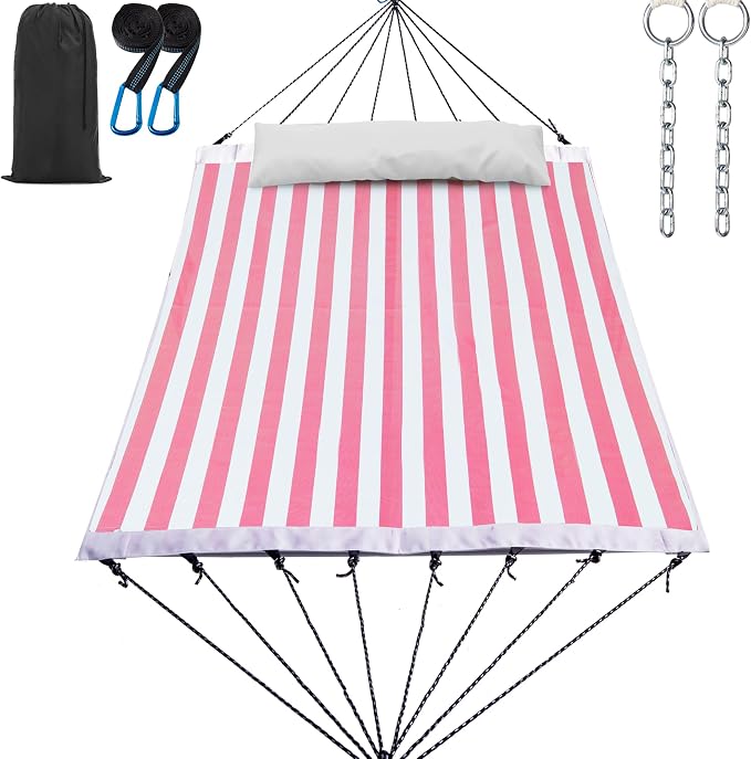 GAFETE 14ft 2 Person Hammock for Outside, Quick Dry Textilene, Portable Hammocks Without Stand with Folding Steel Spreader Bar, Carrying Bag, Tree Straps, Pillow & Sidebag, 550 lbs Capacity (Pink)