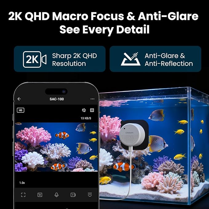 litokam F1.0 Aperture Fish Tank & Reptile Pet Camera.2K 3MP Anti-Glare Aquarium Terrarium Camera with Close-Focus Lens, 147° Ultra-Wide Angle, 3X Zoom, 2.4G/5GHz WiFi