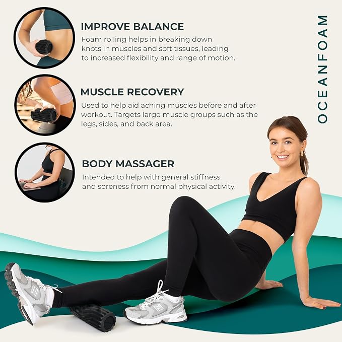Oceanfoam Ripple Travel Foam Roller (11" x 3.35") Firm Mini Foam Roller for Physical Therapy, Deep Tissue Massage, Back Pain - High Density, Wave Textured - Yoga, Exercise (Black & Charcoal Marbled)