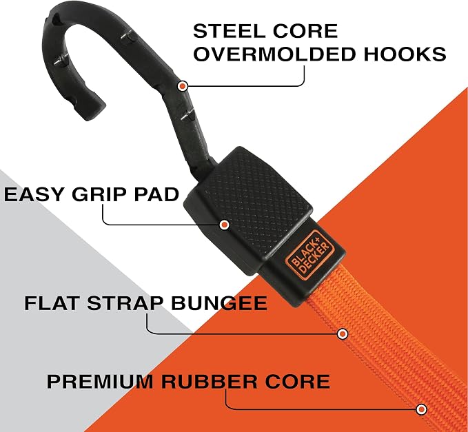 BLACK+DECKER 6-Piece Light-Duty Ratchet Tie-Down and Bungee Strap Kit | 1" x 12' Light-Duty Ratchet Straps, 1,500 lbs Break Strength, 48" Flat Bungee Straps, Kit for Securing Lightweight Cargo