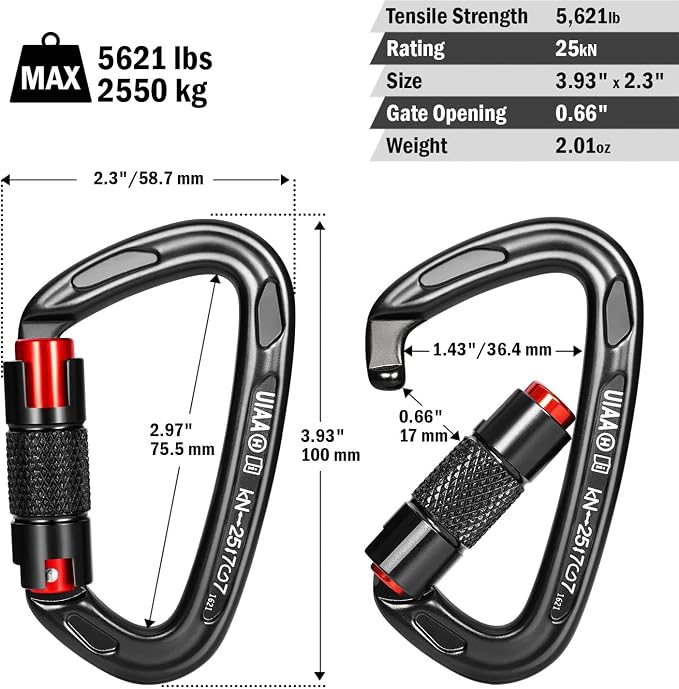FresKaro 3pcs 25kN Twist Locking Climbing Carabiners and 5pcs 1kN 360 Degree Swivel Carabiner Clips