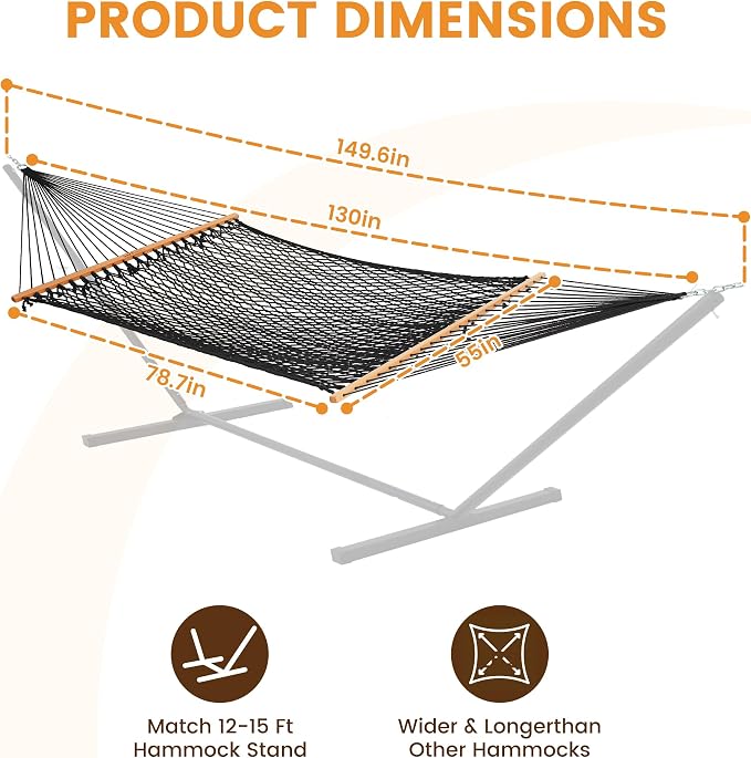 Lazy Daze Hammocks Double Rope Hammock, 2 Person Traditional Outdoor Hand Woven Cotton Rope Hammock with Spreader Bar, Carabiners, Tree Straps, Chains for Patio Yard - Max 450 Lbs, Dark Grey