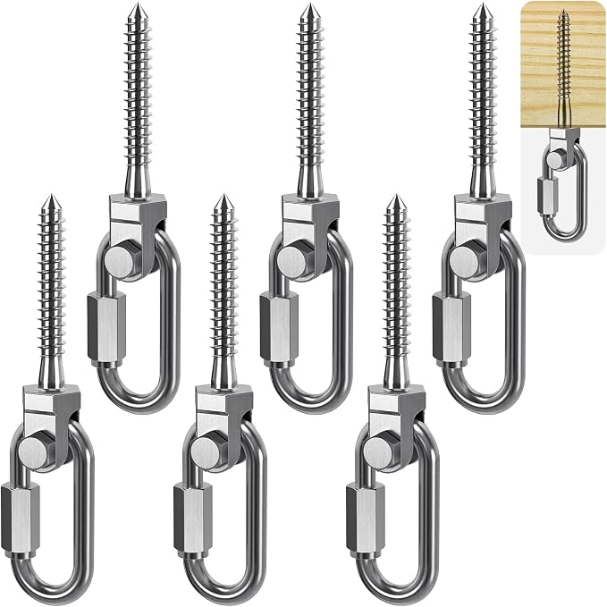 SELEWARE Heavy Duty 304 Stainless Steel Swing Hangers Set of 6, 180° Rotation Porch Swing Hardware for Playground, Yoga Hammock, Punching Bag & Outdoor Swing Sets