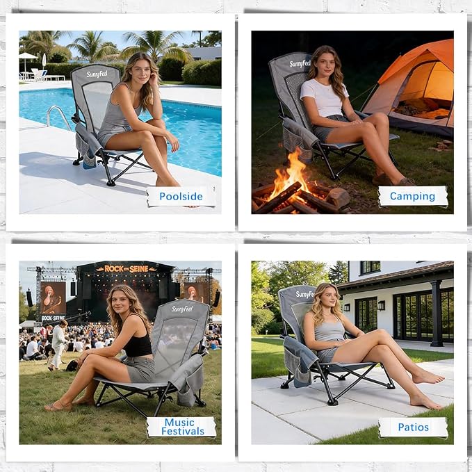 SUNNYFEEL Low Folding Beach Chair for Adults, Portable Lightweight Sling Beach Camping Chairs with Cup Holder, Armrest,Foldable Camp Lawn Chair for Outdoor Sand Concert Travel Sport Events,300LBS