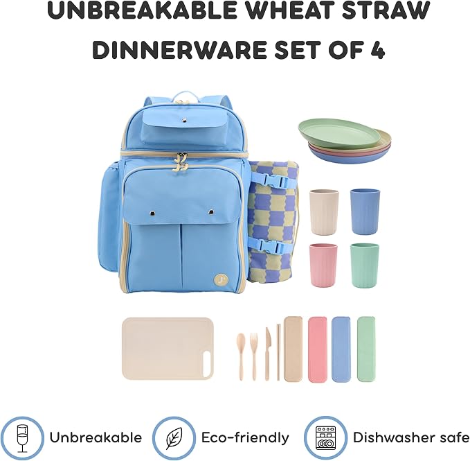 J World Picnic Backpack Cooler for 4. Insulated Picnic Basket Set with Folding Waterproof Blanket. Beach Camping Wedding Engagement Gift for Couples, Sky Blue