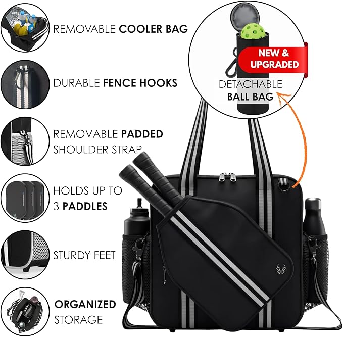 Pickleball Tote Bag - Detachable Cooler & Fence Hooks – Large Sports Bag for Women & Men, Holds Paddles & Balls