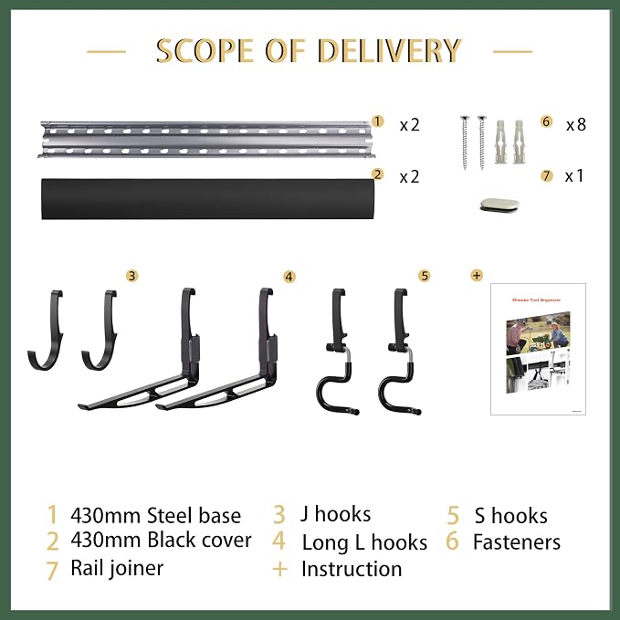 Wall-Mounted Rack With 6 Garage Hooks, Heavy-Duty Aerospace-Grade Aluminum Alloy Hooks Garage & Garden Storage for Shed, Workshop, or Home Organization – For Rakes, Shovels, Tools & More