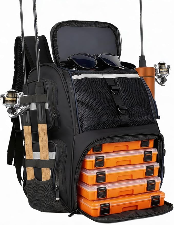 45L Fishing Tackle Backpack with Rod Holders, Waterproof Large Fishing Back Pack Storage Bags & Wraps Gear And Equipment for Men for Camping Hiking, Bottle Holder