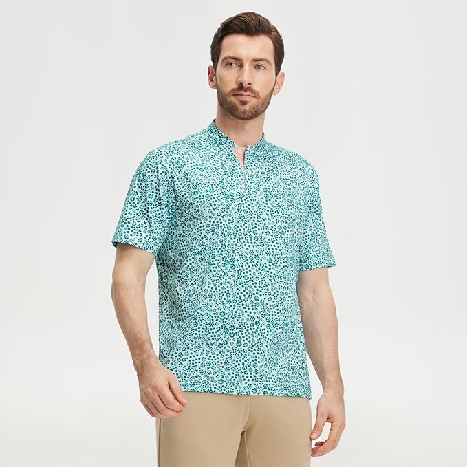M MAELREG Golf Shirts for Men Collarless Performance Dry Fit Stretch Henley Casual Printed Mens Polo Shirts Short Sleeve