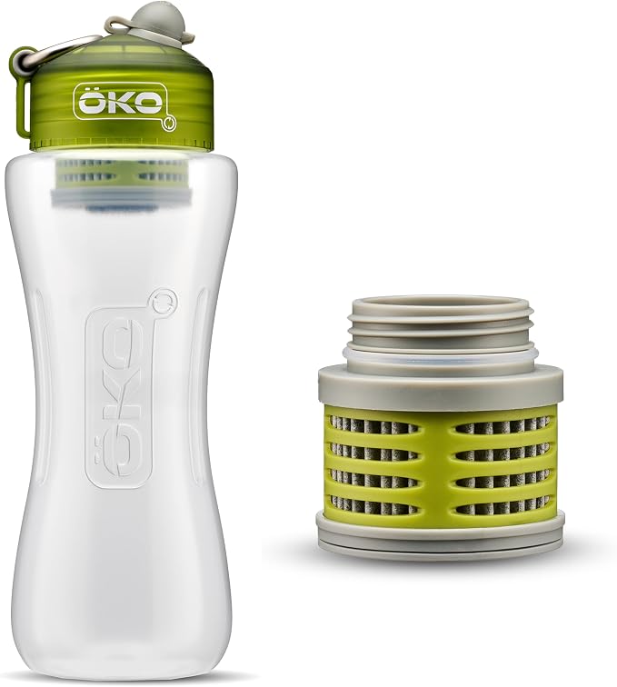 OKO Purification Water Bottle with Replacement Filter, Portable Water Purifier Bottle for Travel & On the Go, BPA Free Reusable Bottle, Long Lasting 100 Gallon Filter, 33.8 Oz