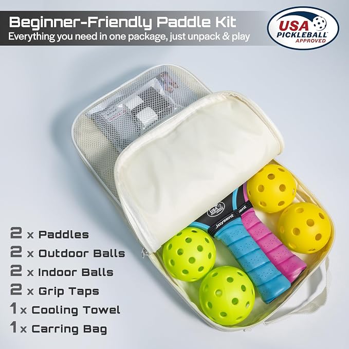Pickleball Paddles Set, USAPA Approved Carbon Fiber Pickleball Set of 2 with Beginner Pickleball Rackets, Indoor Outdoor Pickle Balls for Adults Men Women, JT-1
