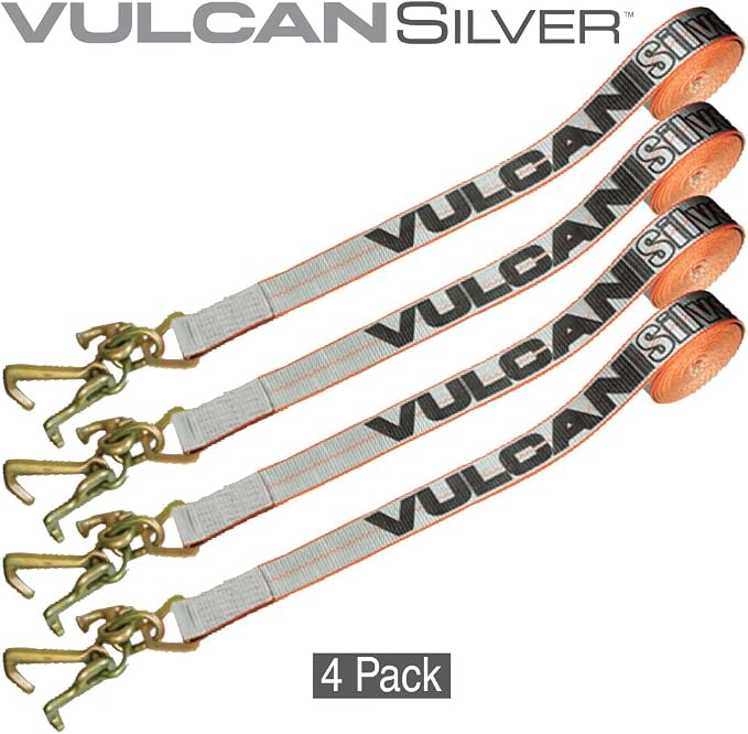 VULCAN Car Tie Down Strap Only - RTJ Hooks - 96 Inch - 4 Pack - Silver Series - 3,300 Pound Safe Working Load