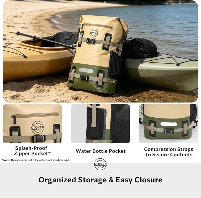 STOVER 40L Waterproof Dry Backpack & Phone Case - X-Large Floating Dry Bag for Kayaking, Travel, Hiking, Fishing, Camping, Motorcycles & Beach, Heavy-Duty Roll Top Men/Women (Tan/Army Green/Brown)