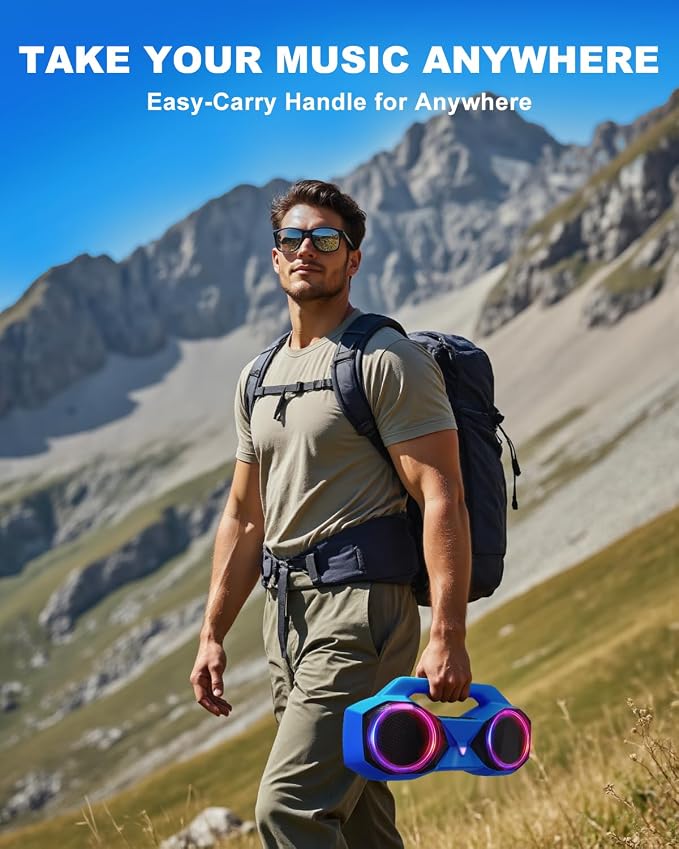 OZJ Bluetooth Speaker Outdoor Loud: 80W(Peak) with Bass, Portable Wireless Speaker with IPX7 Waterproof, 20H Playtime, RGB Lights, TWS for Outside, Beach, Work (Blue)
