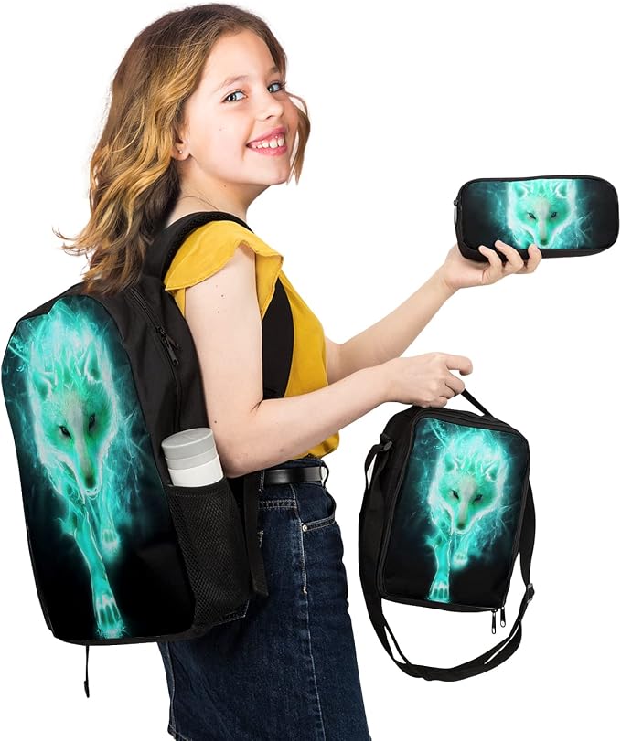 Giwawa Cyan Wolf Backpack 3-Piece Set, Cool Wilderness Animal Pattern Bookbag Lunch Bag Stationery Holder Case for School College Students Daily Essentials Camping Trips Outdoor Travel
