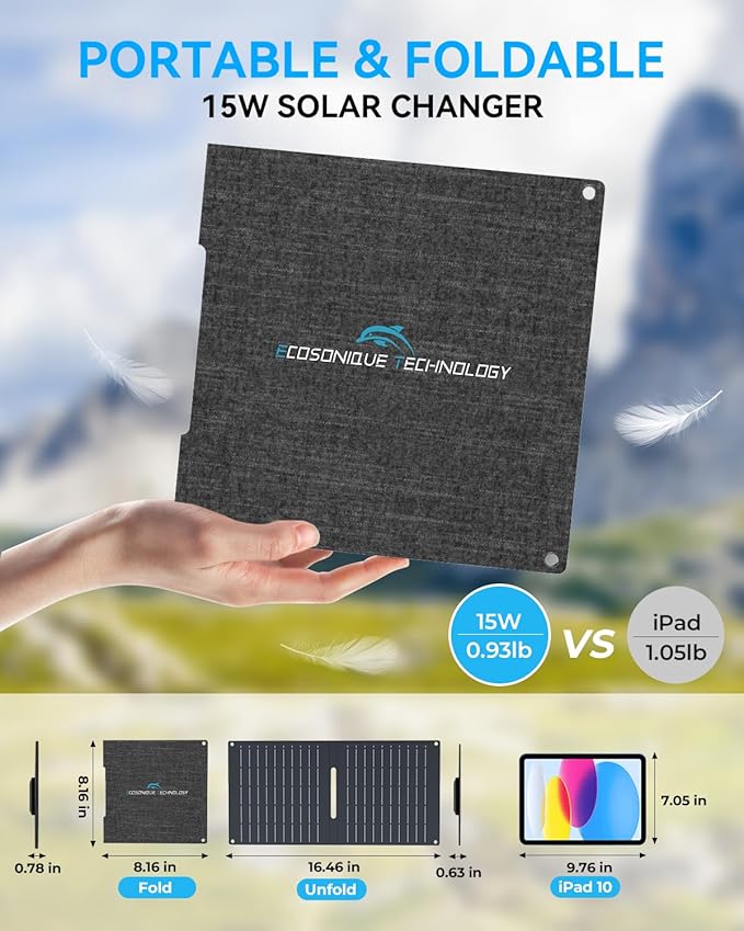 Ecosonique 15W and 30W Portable Solar Panel Charger with USB-A USB-C Ports and ETFE IP67 Waterproof Camping Backpacking Hiking Emergency for Phones，Tablets, Power Banks