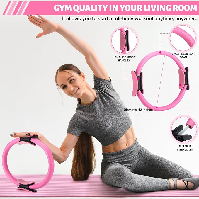 RoundFunny Set of 18 Pilates Ring Essential Kit for Women Pilates Ring and Ball Ankle Resistance Band Yoga Strap Socks Mat Arm Stretcher Latex Tube Gym Back Bag Exercise Equipment for Workout