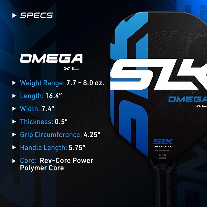 Selkirk Sport SLK Omega Pickleball Paddle Designed in The USA | Edgeless Dual Carbon and Fiberglass Pickleball Paddle with Rev-Core+ Polymer Core | XL Blue