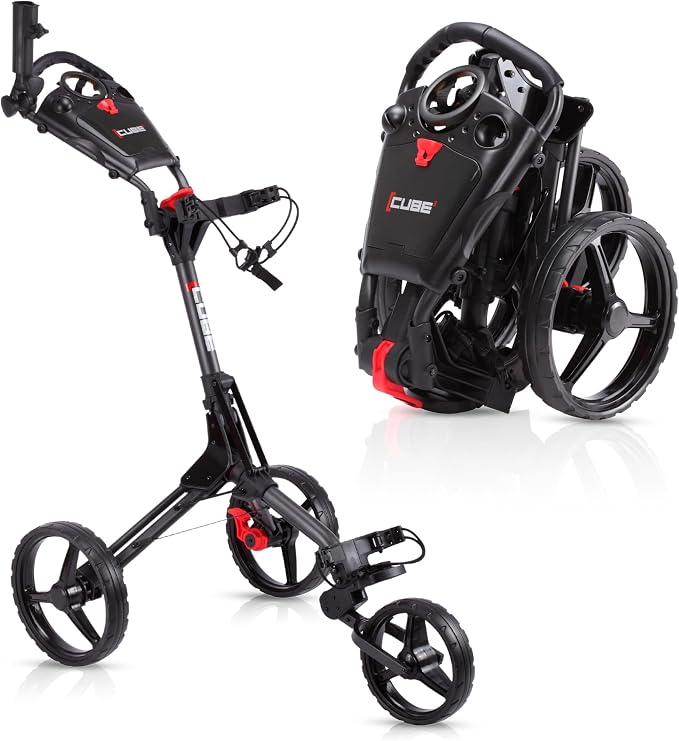 CUBE CART 3-Wheel Golf Push Cart – Ultra-Compact 14.5 lb Folding Golf Trolley, Two-Step Fold, Adjustable Handle, Foot Brake, Umbrella Holder & Built-in Storage