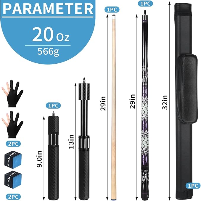 Kmise Professional Pool Cue Stick, 18 19 20oz Canadian Maple Cue Sticks, Low Deflection Shaft with Telescopic Carbon Fiber Extension Cue-Grid