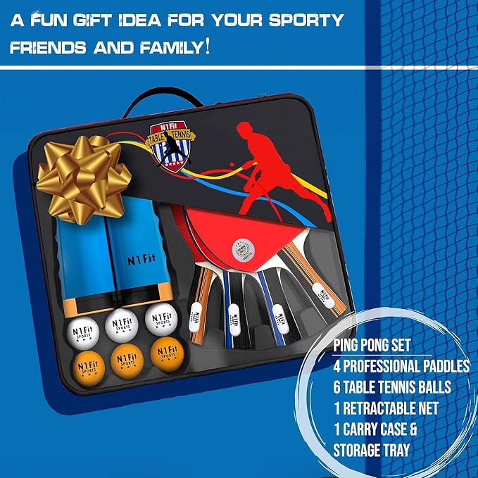 N1fit Ping Pong Paddle Set - 4 Professional Rackets, Retractable Net, 6 Pig Pong Balls, Carry Case - Indoor and Outdoor Table Tennis Play