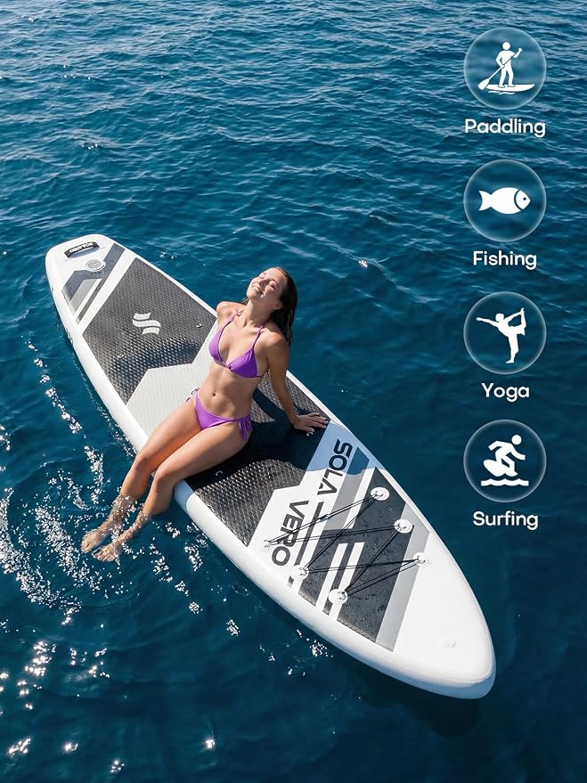 SOLAVERO Stand Up Paddle Board, 11‘ Inflatable SUP Supports 500LB - Wide Stable Board with Non-Slip EVA Deck for Adults & Youth of All Skill Levels