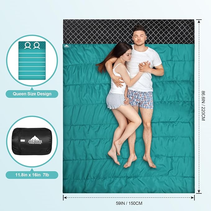 Cotton Flannel Double Sleeping Bag for Camping, Backpacking Or Hiking. Queen Size 2 Person Waterproof Sleeping Bag for Adults Or Teens. Lightweight with Compression Sack