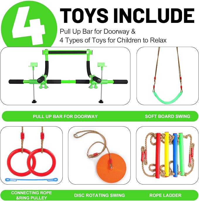 Doorway swing mount for Kids & Door Pull Up Bar for Adults, Indoor Kid Swing with 4 Accessories, Multi-Function Doorway Gym, Fits Door Frame 24.41-30.51'' W x 3.94-6.69'' Thickness (Green)