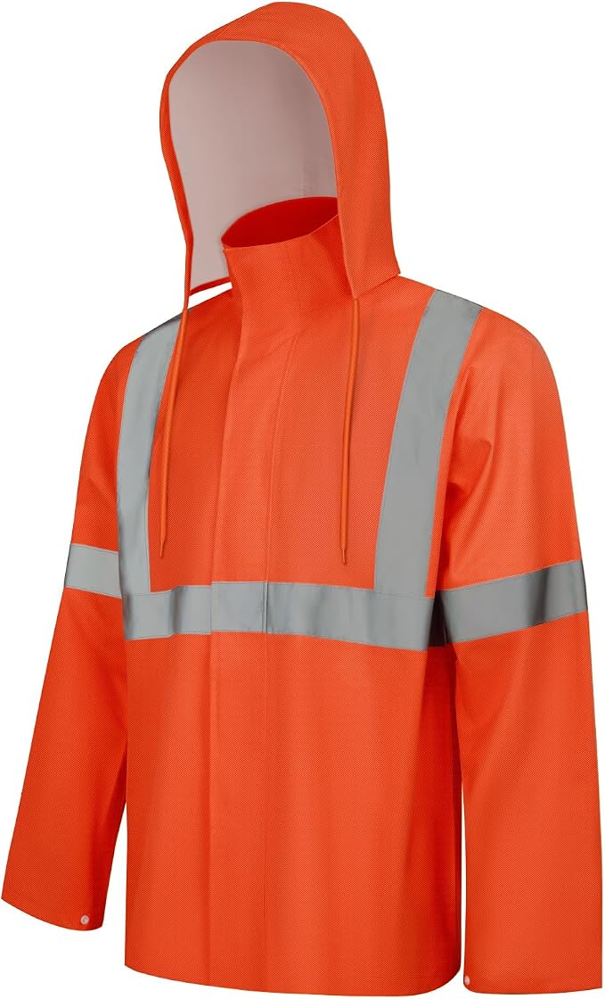 High Visibility Rain Jacket, High Vis Rain Suit for Men, Waterproof Rain Coat with Hood, Class 3 Lightweight Hi Vis Rain Gear for Outdoor & Safety Work, Men Women, Orange T, 2XL-3XL