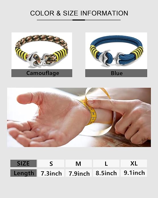 Men's Nautical Anchor Cuff Bracelet, Handmade Black & Blue Stainless Steel Rope Wristband with Lobster Claw Clasp