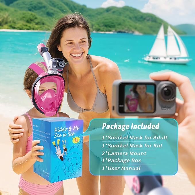 Greatever G2 Adults Kids Full Face Snorkel Mask 2 Pcs,Snorkeling Gear with Latest Dry Top System,Foldable 180 Degree Panoramic View,Safe Breathing,Anti-Leak&Anti-Fog Snorkeling Mask with Camera Mount