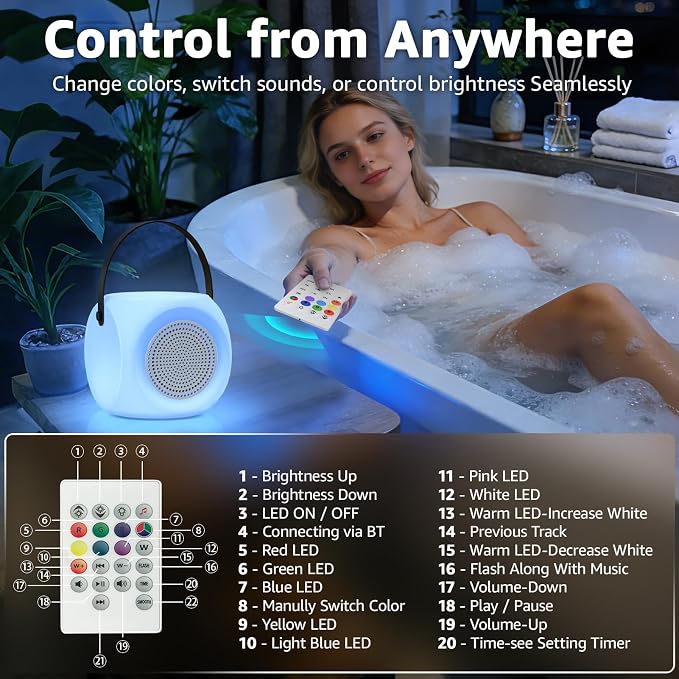 FUYO Shower Lamp with Speaker 16 Colors with Remote, Shower Lights Waterproof, Bluetooth Speakers with Lights Dual Pairing HD Stereo Sound for Indoor Outdoor Bathroom Party Pool Patio (Fatty)