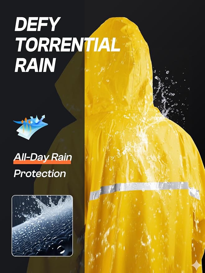 Mens Long Hooded Safety Rain Jacket Waterproof Emergency Raincoat Poncho
