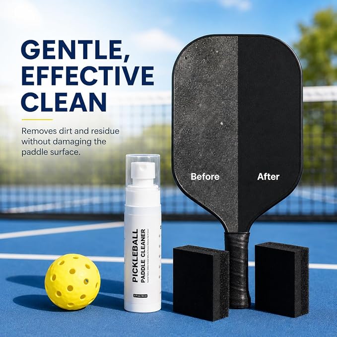 Pickleball Paddle Cleaner Spray Kit, 2.71 oz Cleaning Solution with 2 No-Shed Sponge Pads, Removes Ball Marks, Dirt & Grip Buildup for Carbon Fiber, Fiberglass & Composite Paddles