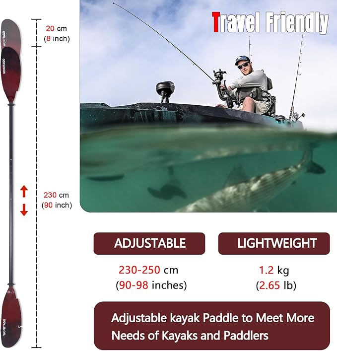 Angler Kayak Paddles Aluminum Paddle with Plastic Blades and Paddle Leash, Floating Adjustable Fishing Kayak Oars, 3 Piece, 230-250cm/90-98 inch