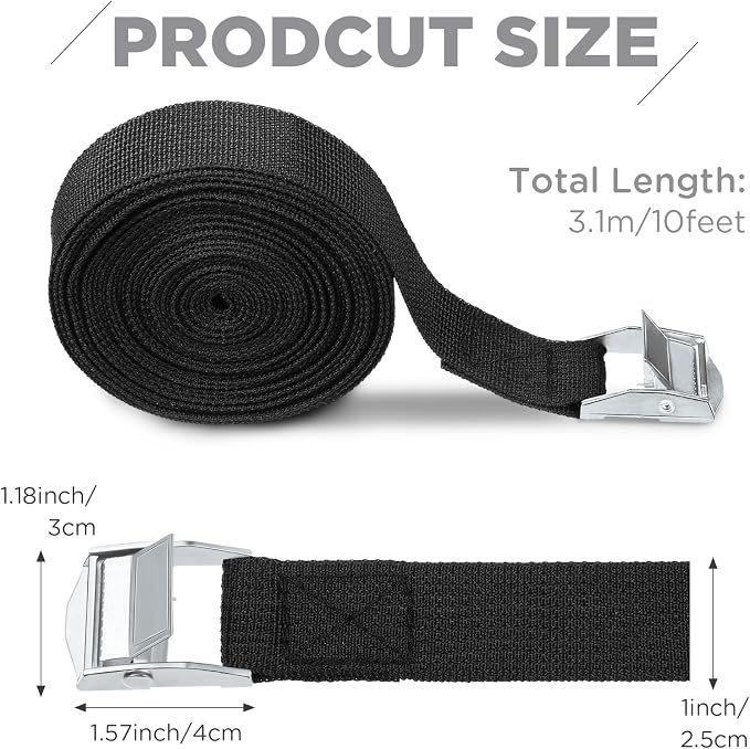 Riakrum 15 Pack 10 Feet Lashing Straps Adjustable Kayaks Tie Down Cam Buckle Straps with Buckles up to 250lbs for Cargo, Luggage, Motorcycles, Truck, Car Roof Rack, Sup Surfboard(Black)