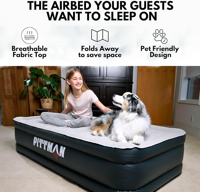 Pittman - Air Mattress Twin with Built in Pump - Black 18" Double High Twin Air Mattress with Built in Pump that Inflates & Deflates - Blow Up Mattress is Ideal for Guests or Camping