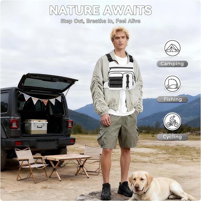 Criuage Outdoor Chest Bag for Men, Lightweight Adjustable Running Vest, Water Resistant EDC Chest Pack with Water Bottle Pocket, Breathable Back Pad for Hiking Cycling Fishing Travel (White)