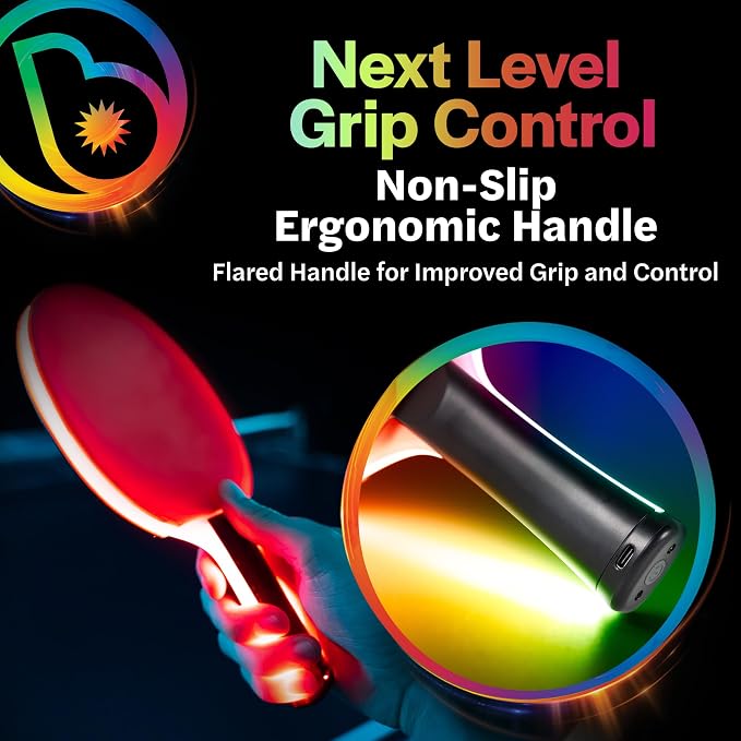 Brightz PaddleBrightz LED Ping Pong Paddle - Electrifies Your Matches! - 6 Solid Color + Color Changing Modes - Premium Sponge & Rubber for Ultimate Control & Spin - Flared Handle for Improved Grip