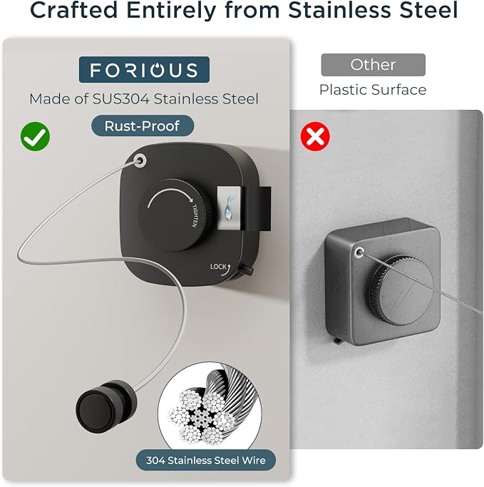 FORIOUS Retractable Clothesline Indoor 13.8 Ft, 304 Stainless Steel Non-Sagging Outdoor Clothes Line,Rustproof Heavy Duty Clothes Drying Laundry Line, Screw Wall Mounted for Bathroom, Matte Black