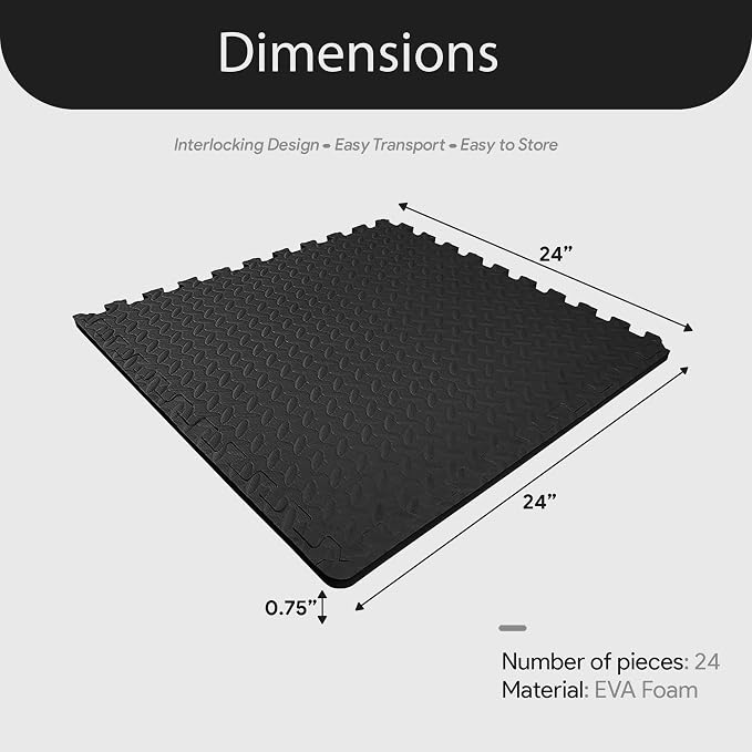 BalanceFrom 24x24 Inch EVA Interlocking Foam Exercise Tile Mat – Non-Slip Puzzle Flooring for Home Gym, Fitness Studio, or Playroom with Multiple Thickness, Coverage Sizes and Color Options