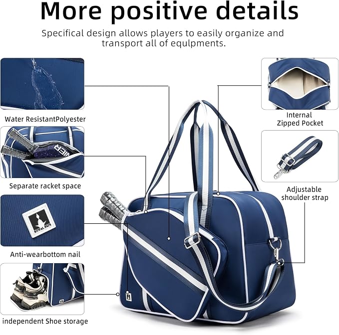 ROYALFAIR Pickleball Tote Bag for Women Men Large Capacity with Paddle Cover Pocket Internal Shoe Pocket and Adjustable Shoulder strap