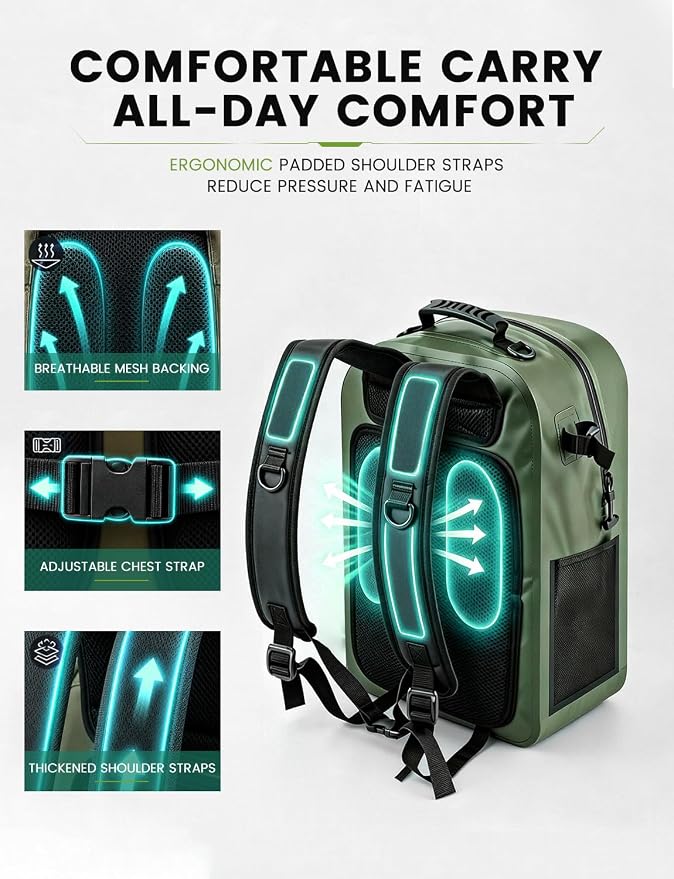 Floating Fishing Backpack IP68 Waterproof Submersible Zipper, Tackle Backpack Fits 2-3 3700 Tackle Boxes, 840D PVC Tackle Backpack with 3 Rod Holders, Fishing Accessories Gift for Men & Women