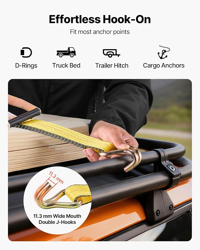 VEVOR Ratchet Straps, 2 in x 30 ft, Heavy Duty Tie Down Straps with Double J Hook, 10,000 lbs Break Strength, Carry Bag, Tie Down Ratcheting for Moving, Trailers, Motorcycles, Kayaks, Car Roof, 4 Pack