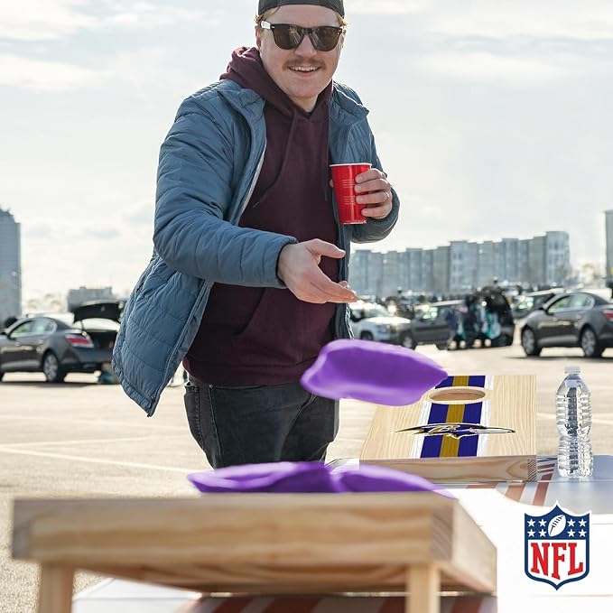 NFL Football Portable Size 1' x 2' Solid Wood Cornhole Set with Direct Print HD Team Graphics – Travel Size