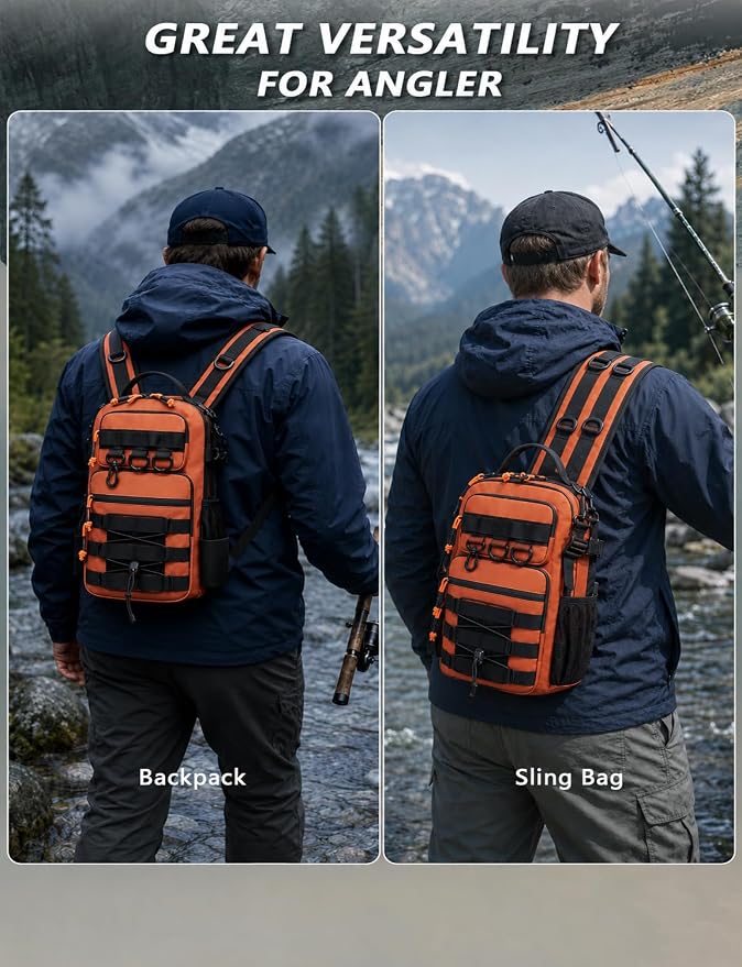 2 in 1 Compact Tactical Fishing Backpack with Tackle Boxes, Lightweight Waterproof Tackle Bag Fit 2 * 3600 Tackle Boxes, 2 Rod Holders Storage, Fishing Accessories Gift for Men Orange