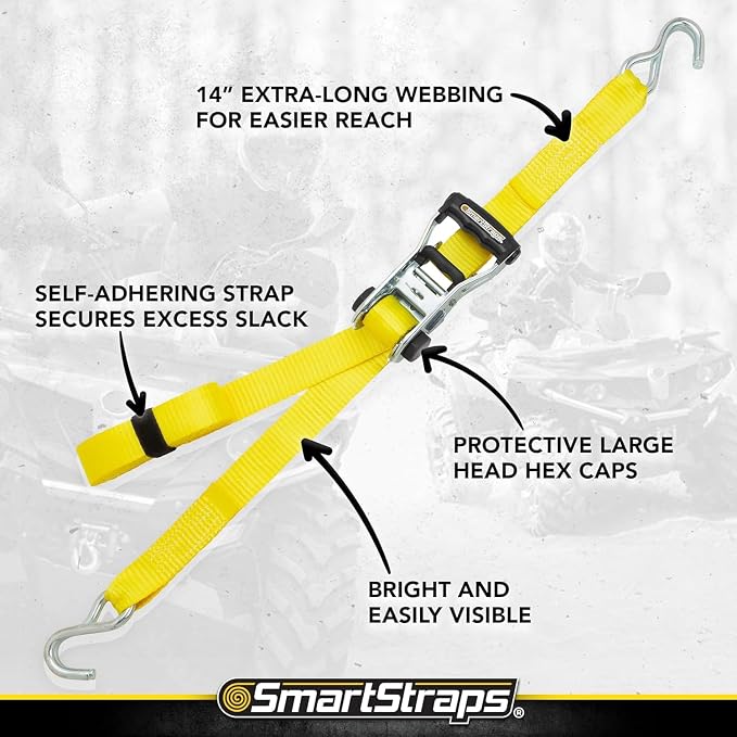 SmartStraps 14’ Ratchet Straps, 2 Pack –5,000lbs Break Strength, 1,667lbs Safe Work Load –Commercial Tie Down Straps for Heavy Duty Cargo, Haul Equipment and Vehicles